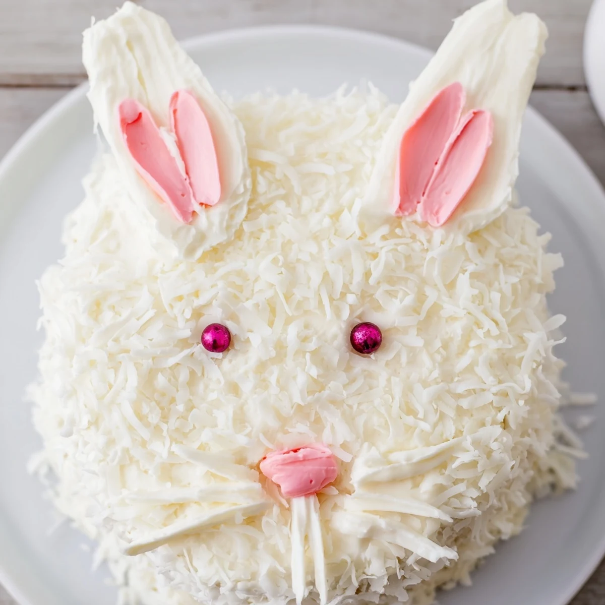 White coconut-frosted bunny cake decorated with pink fondant ears and jellybean details on platter
