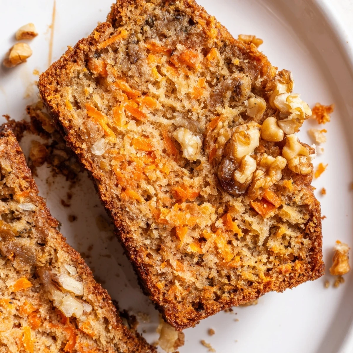 Moist slice of carrot cake banana bread revealing specks of grated carrot and warm spices