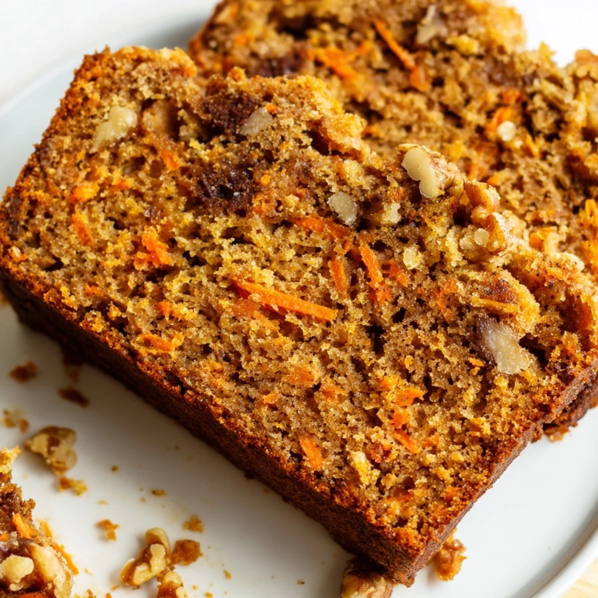 Golden carrot cake banana bread loaf topped with chopped walnuts on a wooden board