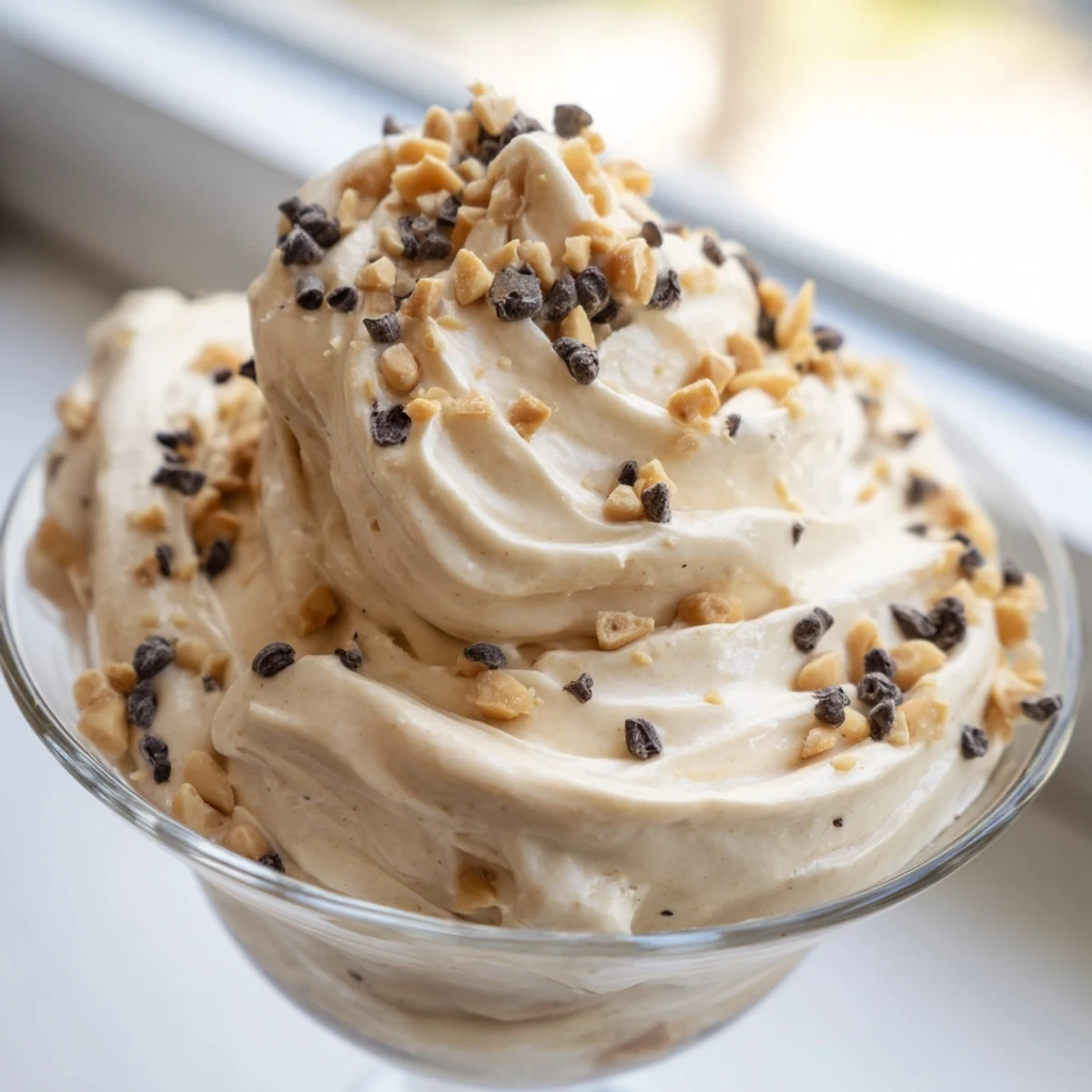 Fluffy peanut butter and Cool Whip mousse topped with chopped peanuts and mini chocolate chips in clear glass serving dishes