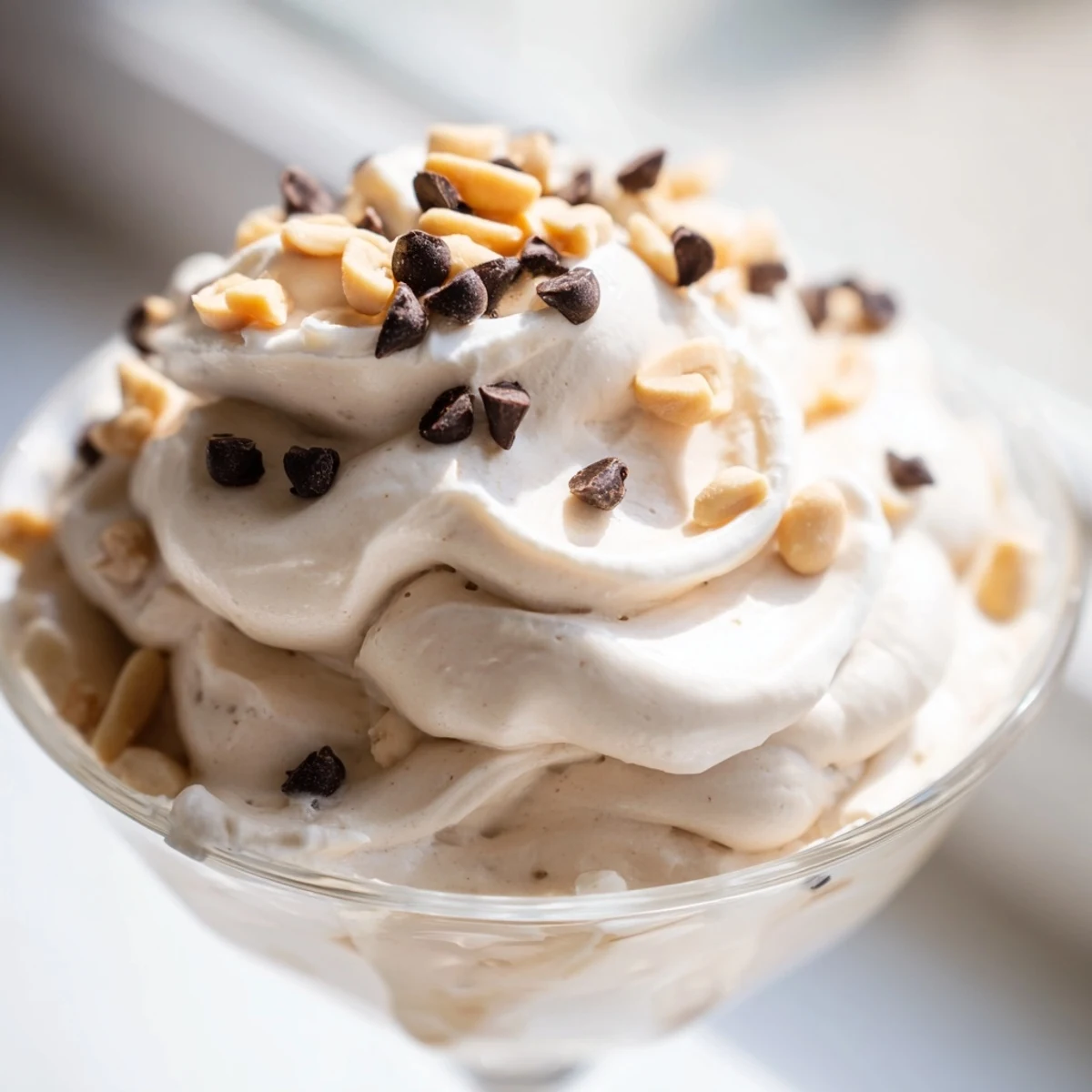 Light American peanut butter mousse made with Cool Whip, garnished with roasted peanuts and served chilled