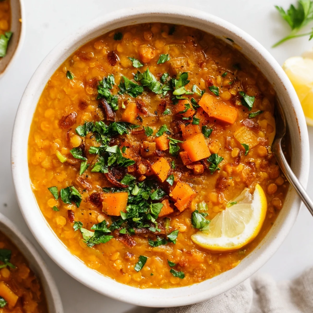 Golden bowl of caramelized onion red lentil soup garnished with fresh parsley and lemon