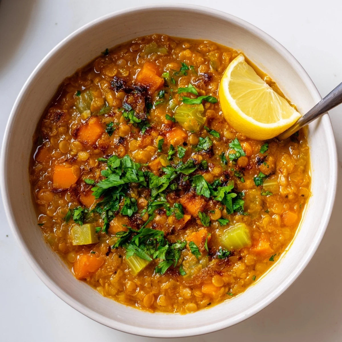 Creamy vegetarian caramelized onion red lentil soup served with crusty bread for a cozy meal
