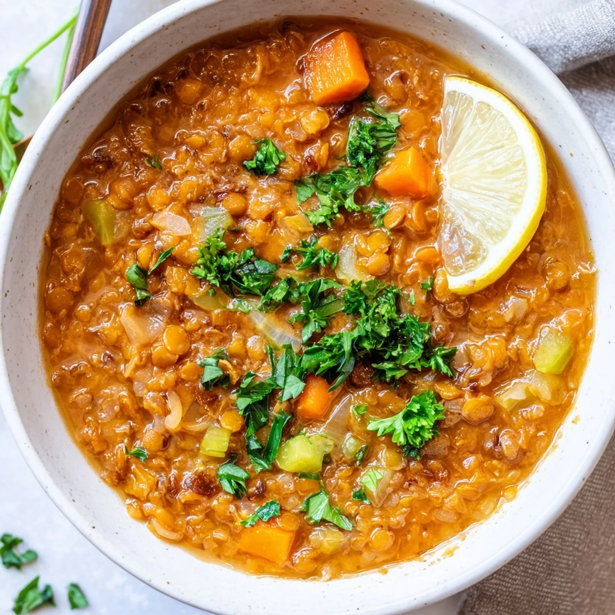 Hearty red lentil soup with caramelized onions and vibrant spices in a white soup bowl