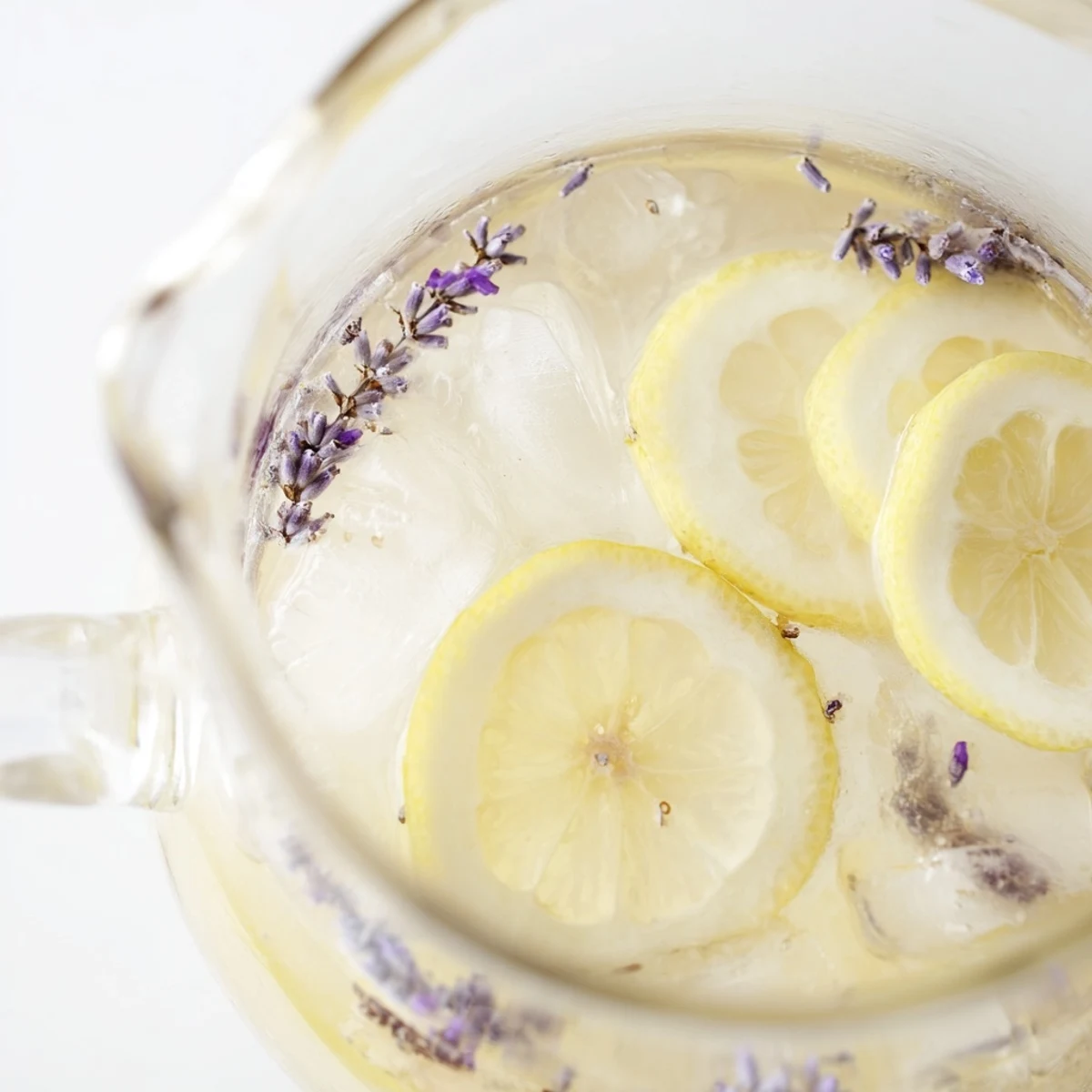 Pitcher of floral lavender lemonade filled with ice and garnished with lavender sprigs