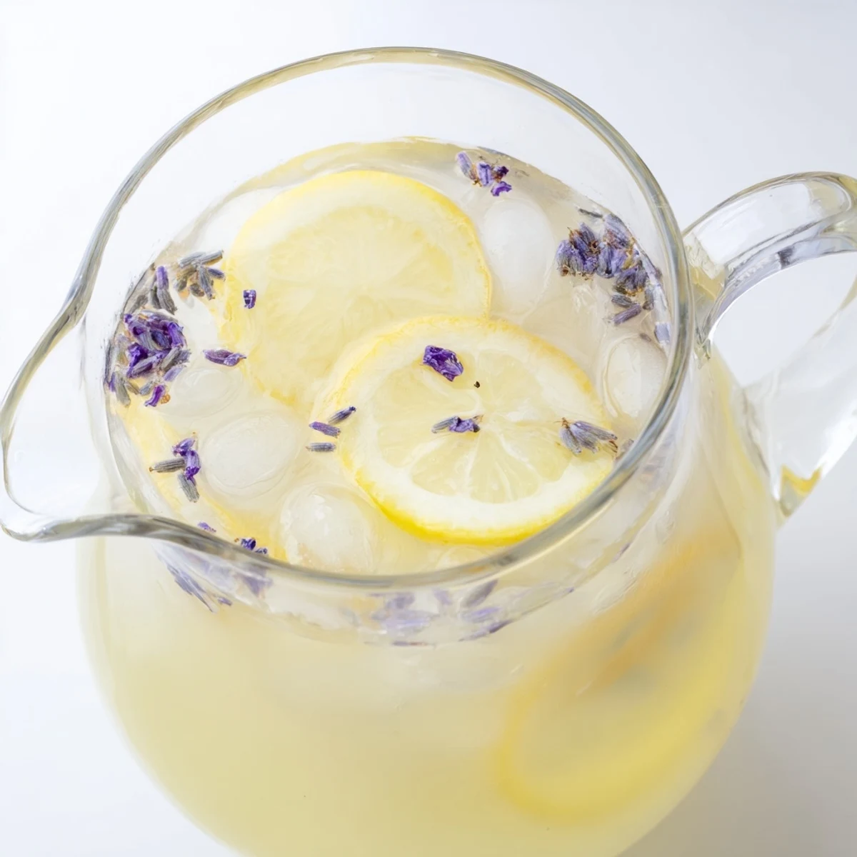 Tall mason jar of refreshing lavender lemonade topped with floating lemon wheels