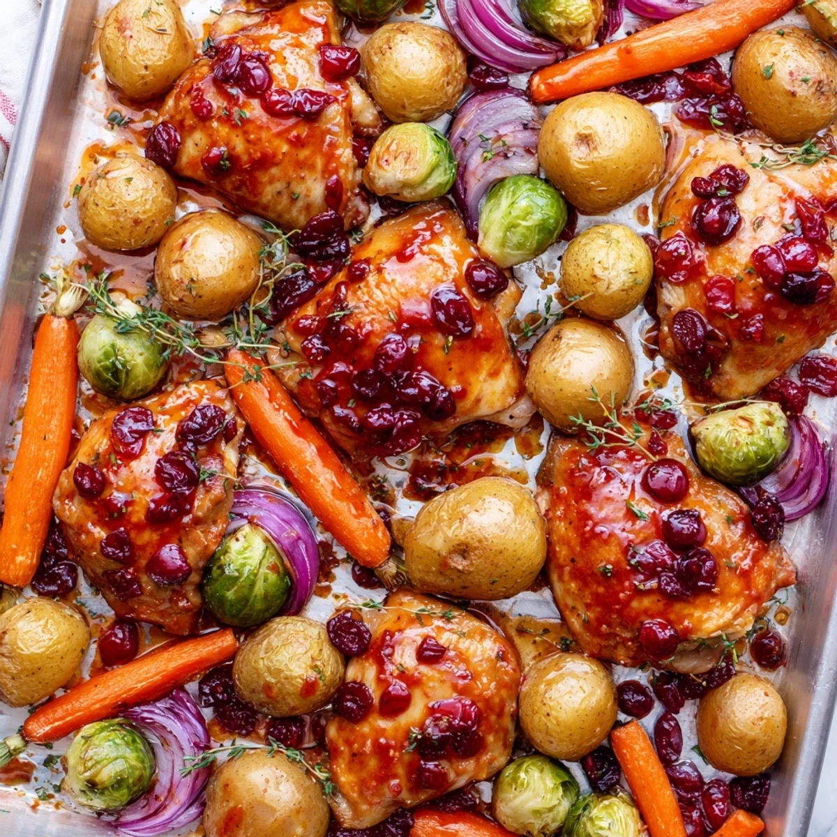 Golden roasted honey cranberry chicken breasts served with colorful Brussels sprouts and baby potatoes on a single baking sheet