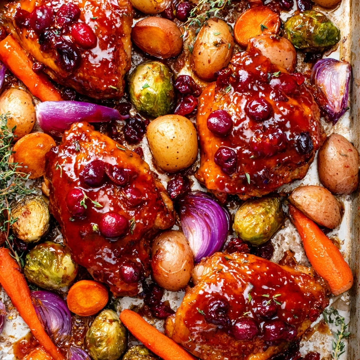 Juicy glazed chicken dinner featuring tart cranberries and honey alongside tender roasted vegetables for an easy weeknight meal