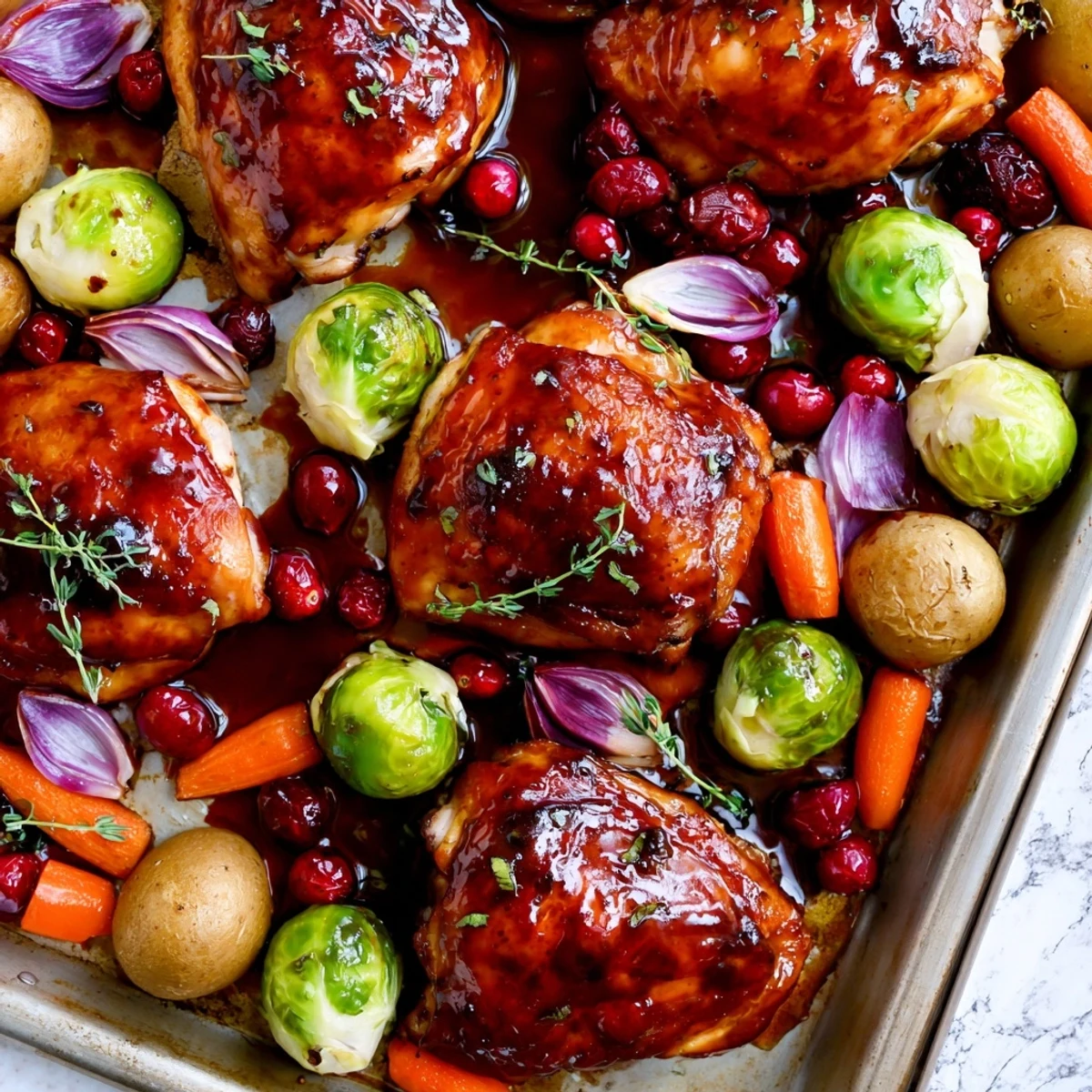 One pan chicken glazed with sweet honey and fresh cranberries, roasted with carrots, potatoes, and crispy Brussels sprouts