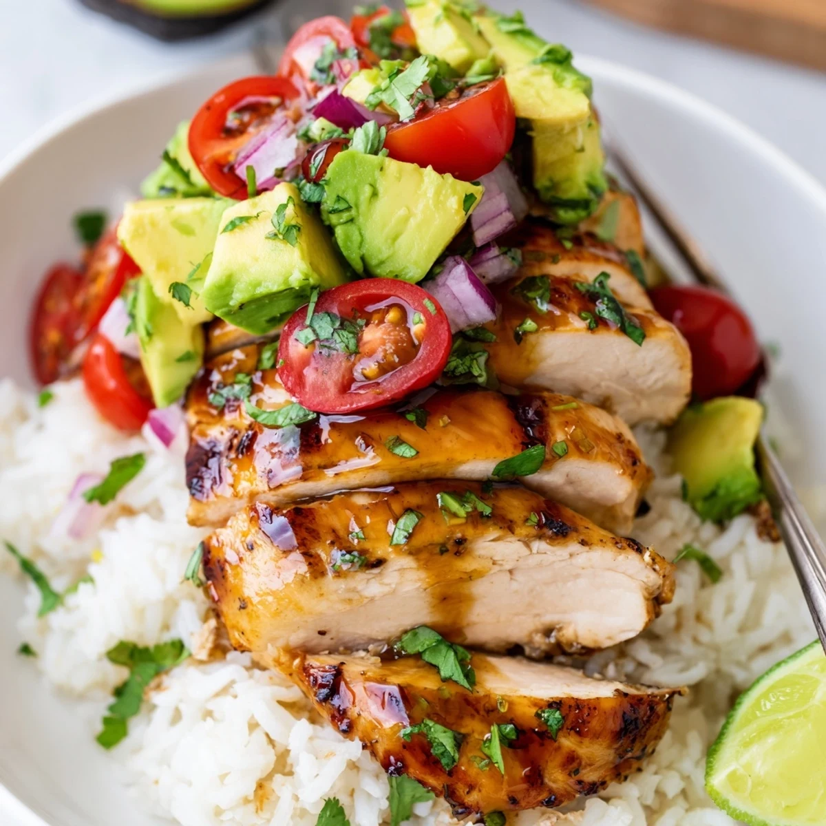 Layered honey lime chicken avocado rice stack with tender sliced chicken, creamy diced avocado, and fluffy white rice topped with fresh cilantro, red onion, and lime wedges
