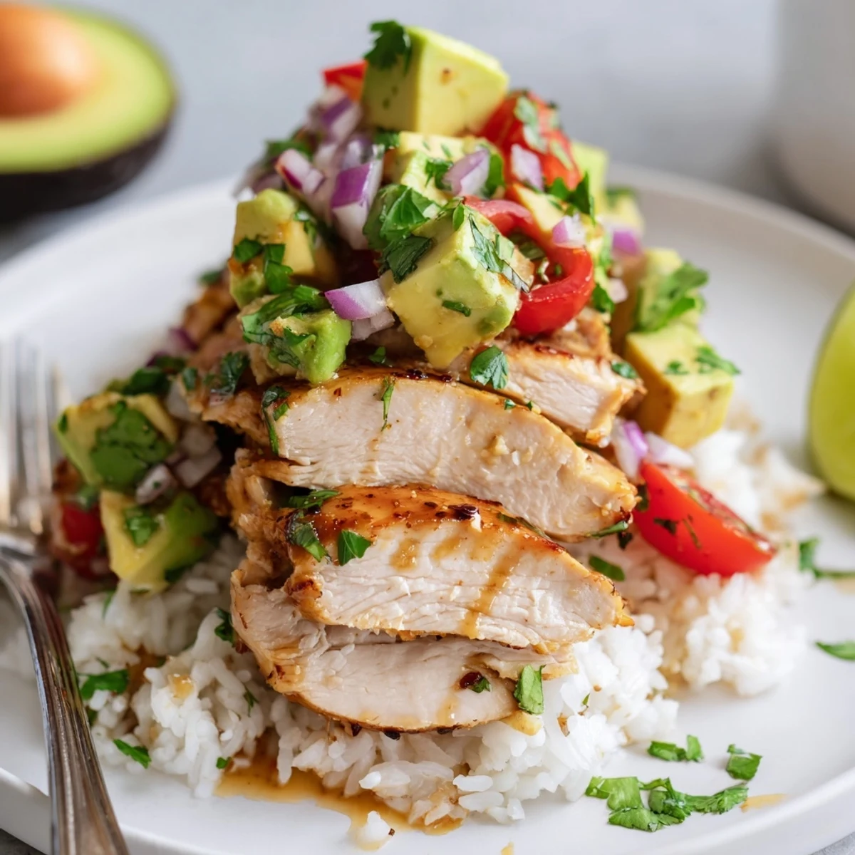 Golden honey lime chicken avocado rice stack served in a neat tower with juicy chicken, ripe avocado cubes, and rice finished with zesty lime