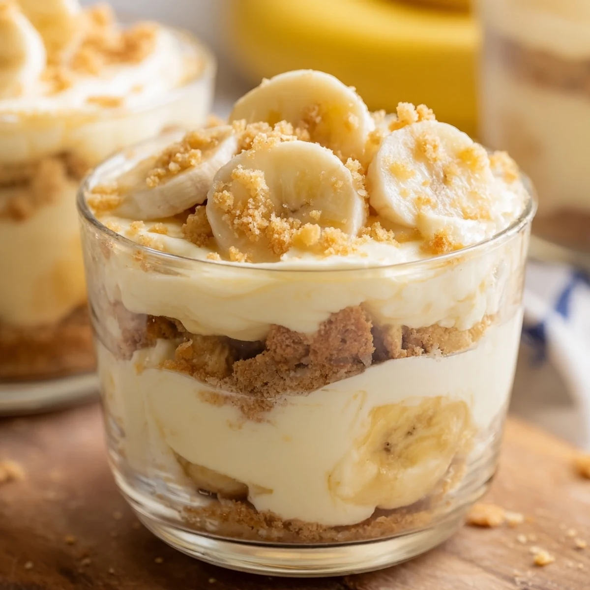 Individual no bake banana pudding cheesecake cups layered with silky filling and crunchy golden crust