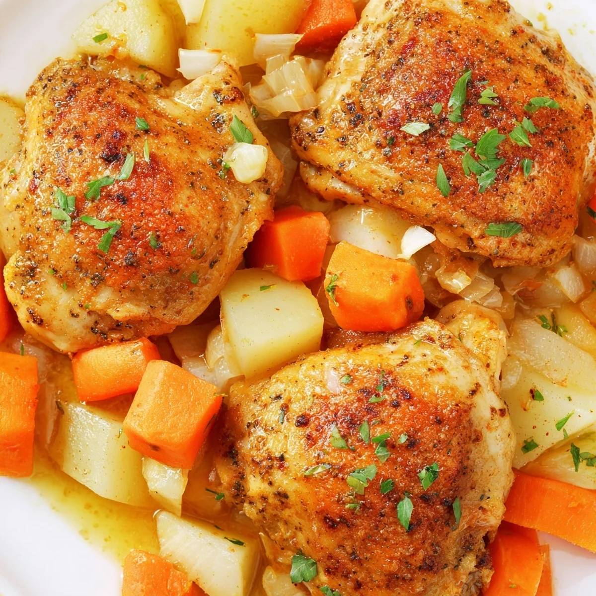 Slow cooker chicken dinner with tender vegetables in savory herb sauce