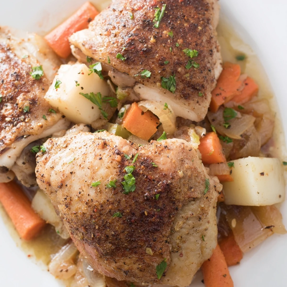 Golden chicken thighs served over soft potatoes and carrots in rich broth