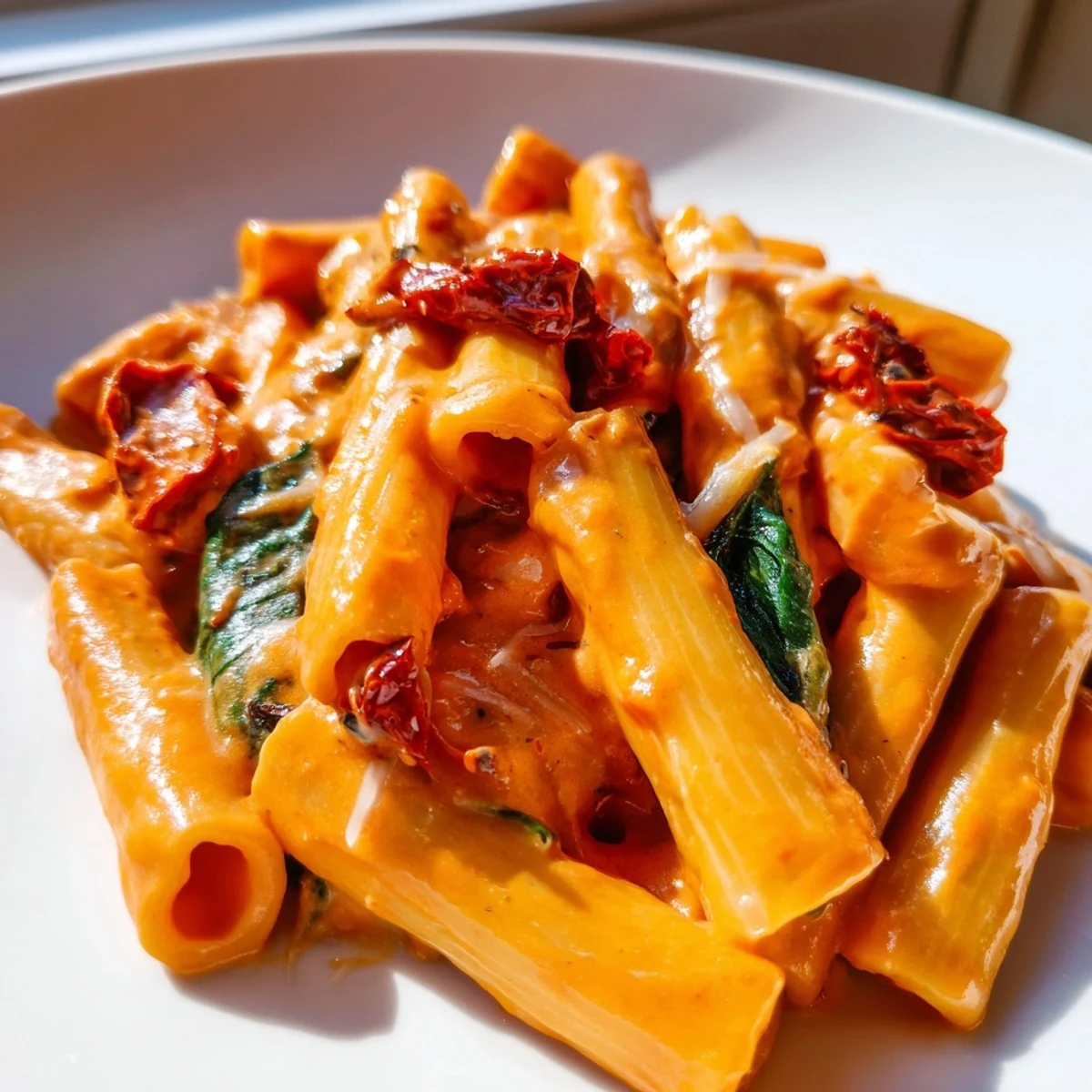 Creamy sun dried tomato spinach pasta in a skillet with vibrant green wilted leaves and rich sauce