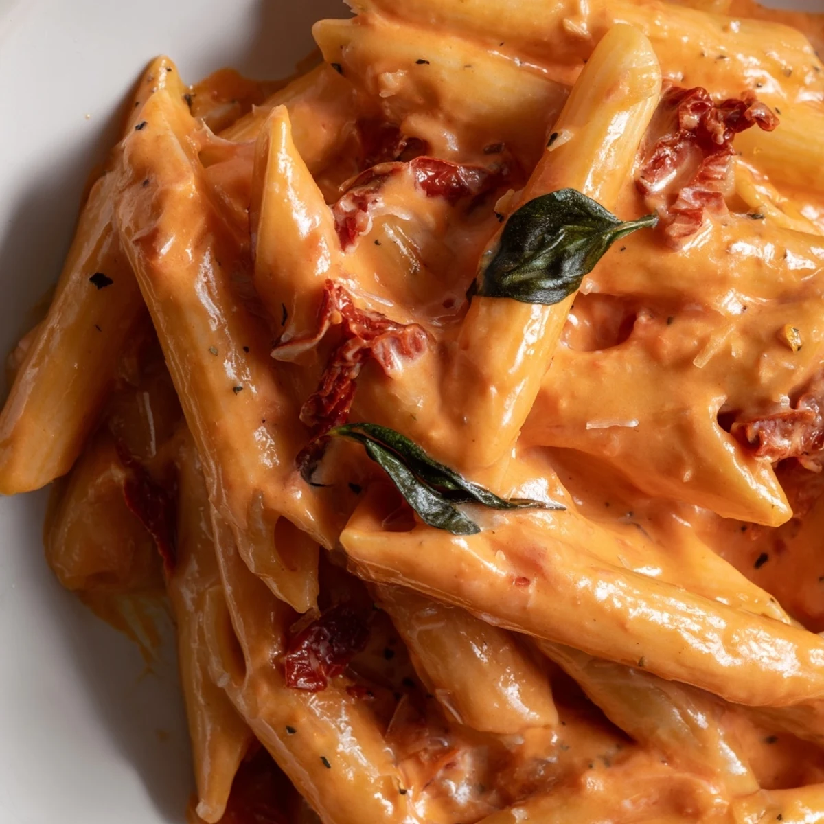 One pan creamy sun dried tomato spinach pasta topped with grated Parmesan in a rustic dish