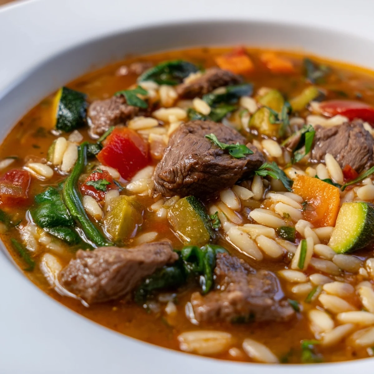 Hearty beef and orzo soup steaming in a rustic bowl with colorful garden vegetables