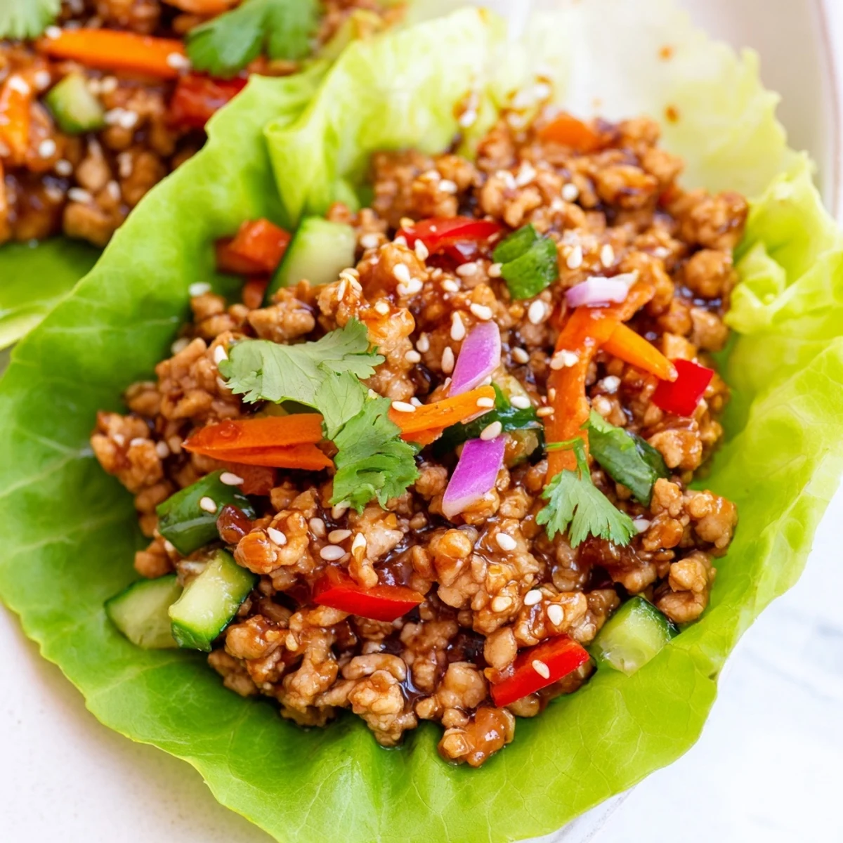 Seasoned ground turkey lettuce wrap bowls topped with sesame seeds and fresh cilantro
