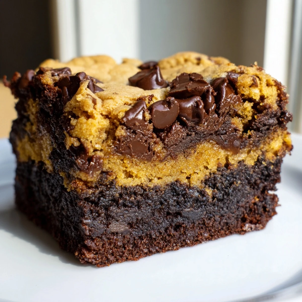 Golden vegan brookies stacked on a rustic wooden board with melting chocolate chips visible throughout each decadent square slice.
