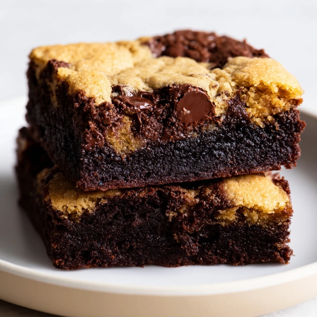 Fudgy double layer vegan brookies cut into squares showing rich brownie bottom and chewy cookie topping with chocolate chips.