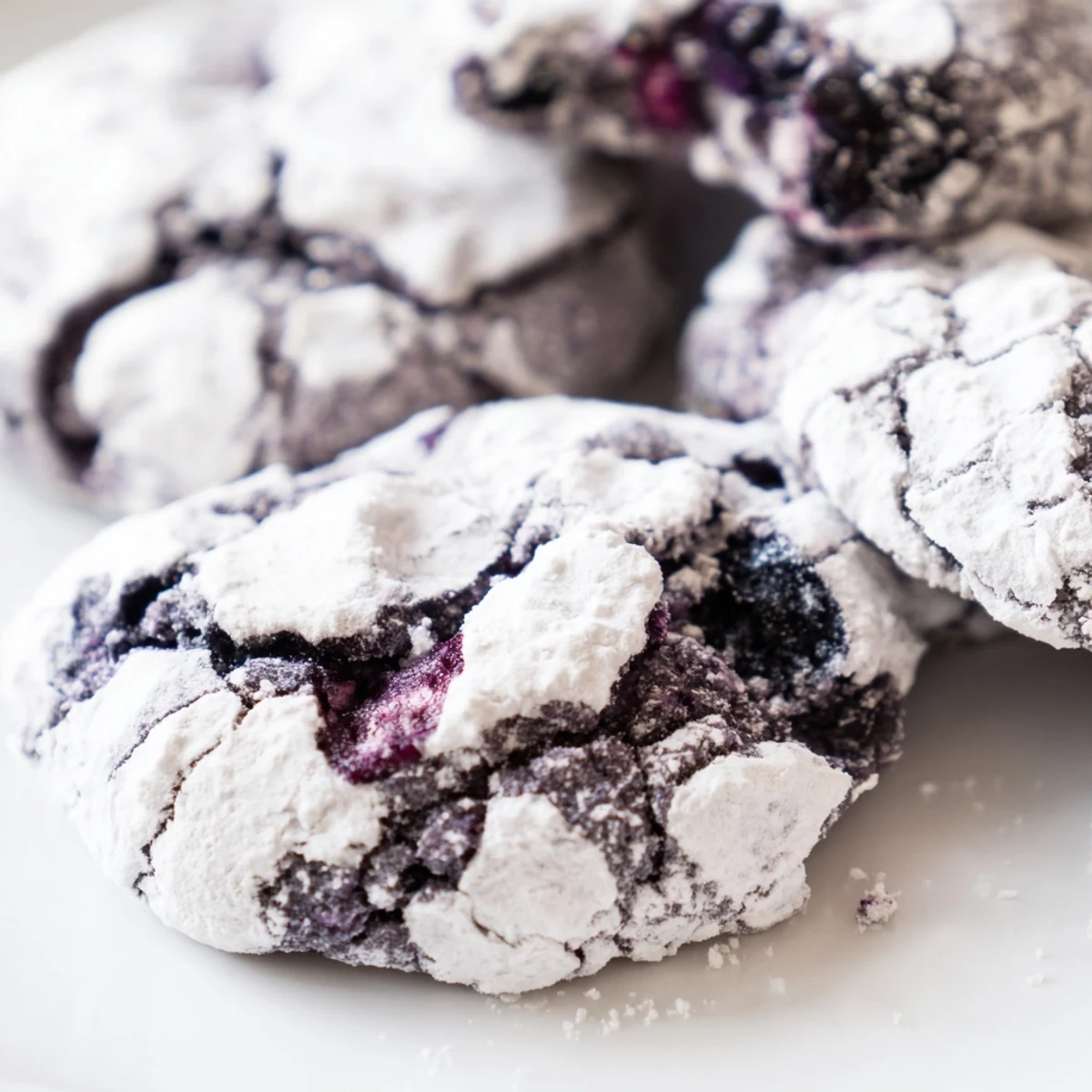 Soft blueberry crinkle cookies dusted with powdered sugar on a rustic wooden board