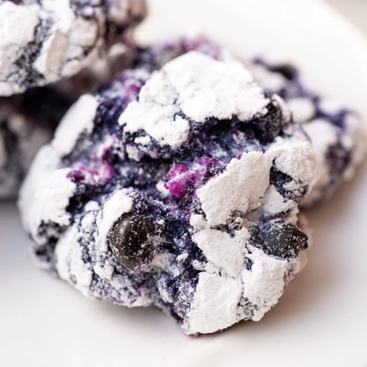 Chewy blueberry crinkle cookies with golden edges and signature cracked powdered sugar tops