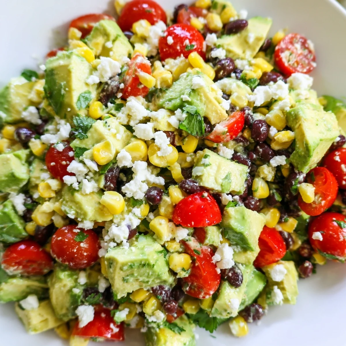 Colorful Mexican chopped salad in a white bowl with fresh vegetables and crumbled cheese topping