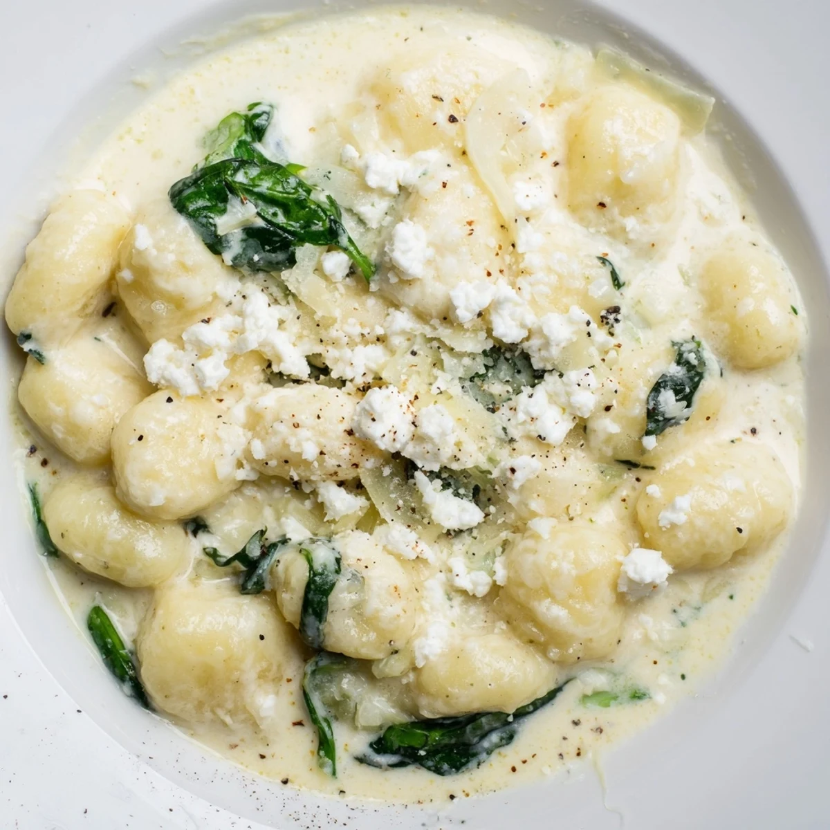 Creamy gnocchi with spinach and feta topped with extra crumbled cheese