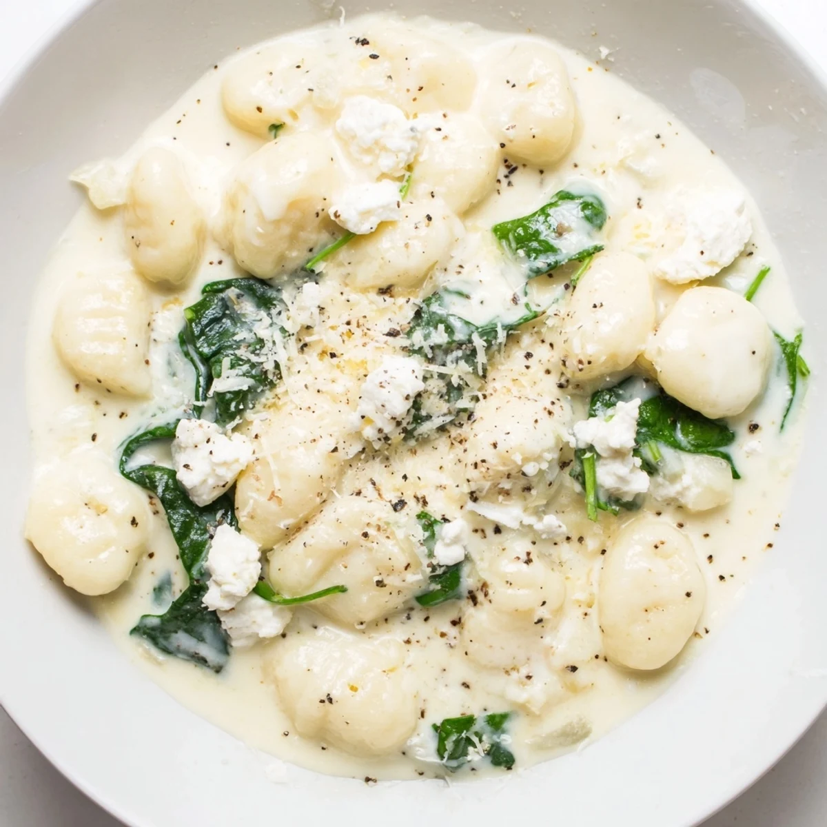 Soft potato gnocchi with spinach and feta glistening in white sauce