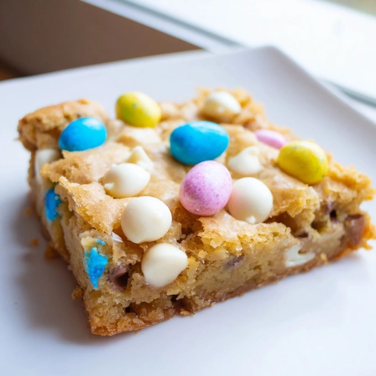 Golden chewy Cadbury Easter Egg Blondies topped with colorful candy-coated mini chocolate eggs