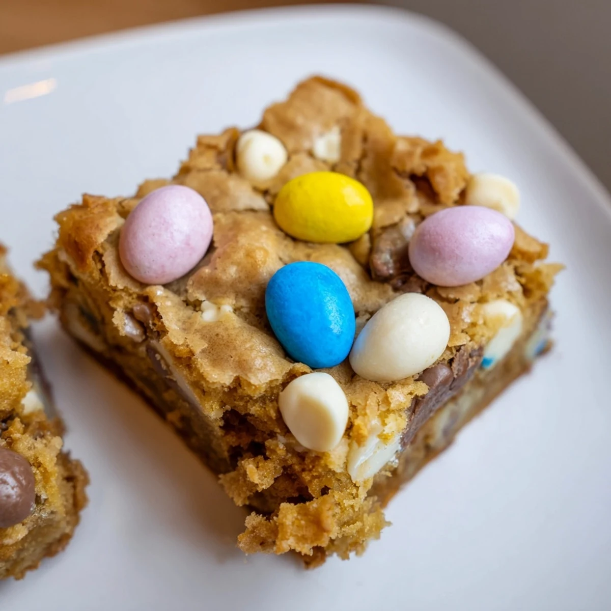 Chewy homemade Cadbury Easter Egg Blondies cut into squares with pastel candy sprinkles