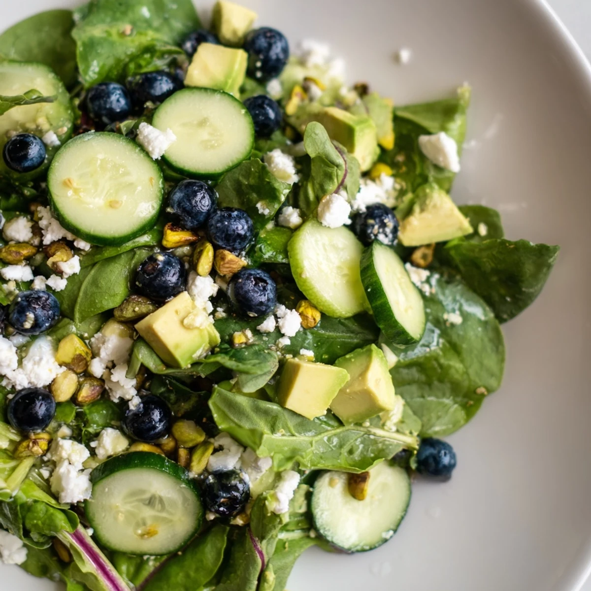 Fresh blueberry pistachio spring salad topped with crumbled feta and creamy avocado chunks