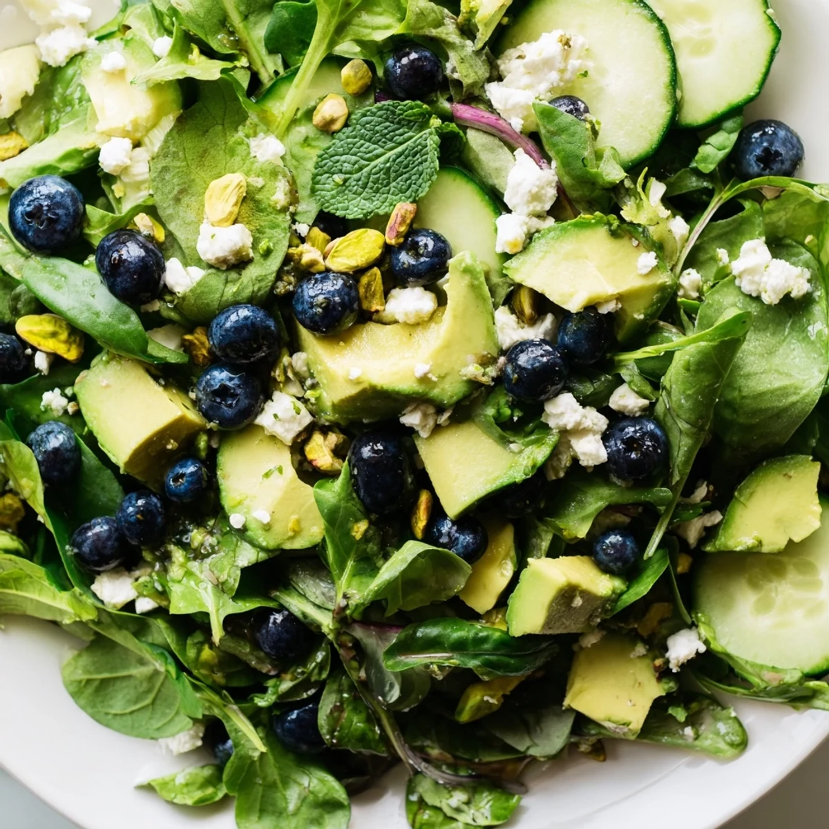 Vibrant blueberry pistachio spring salad with crisp greens cucumber and tangy lemon dressing
