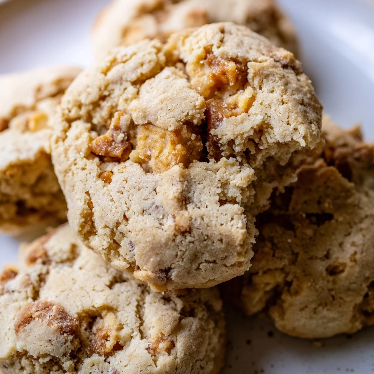 Golden espresso shortbread cookies with melty toffee chunks cooling on a wire rack