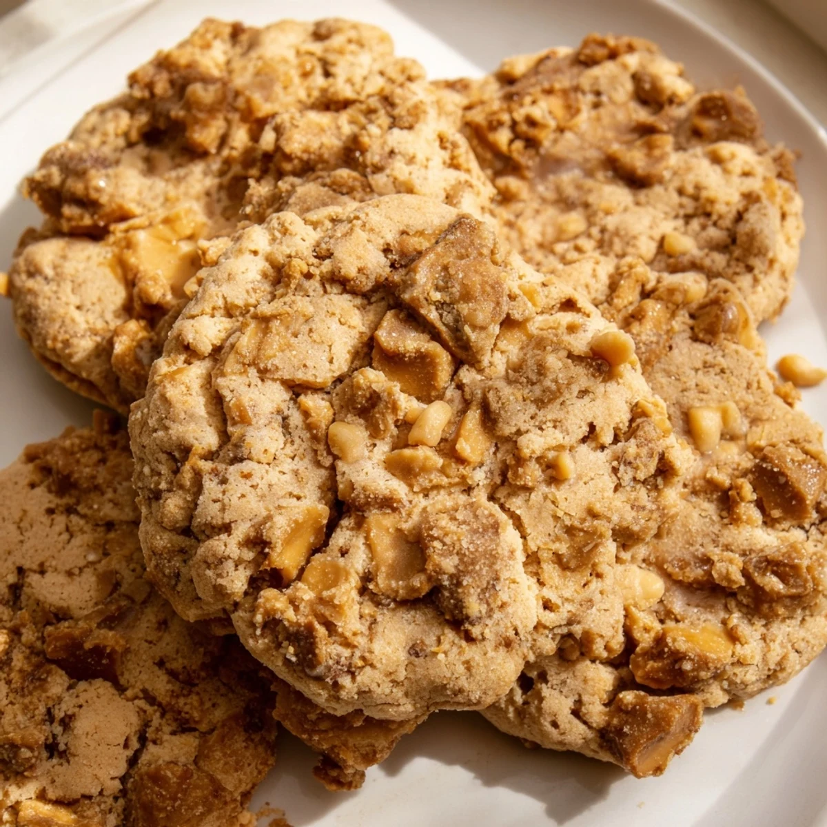 Rich espresso shortbread cookies loaded with golden toffee chunks stacked on a rustic plate