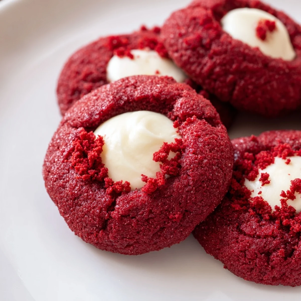 Bright red velvet thumbprint cookies topped with creamy cheesecake filling on rustic baking sheet