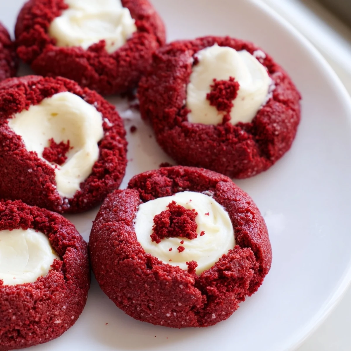 Red velvet thumbprint cookies with tender cocoa crumb and dollop of tangy cream cheese