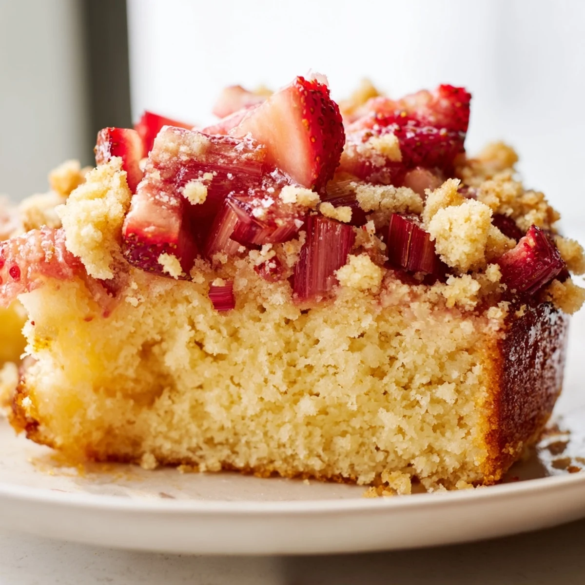 Tender lemon cake with rhubarb, strawberries, and crispy almond streusel topping slice
