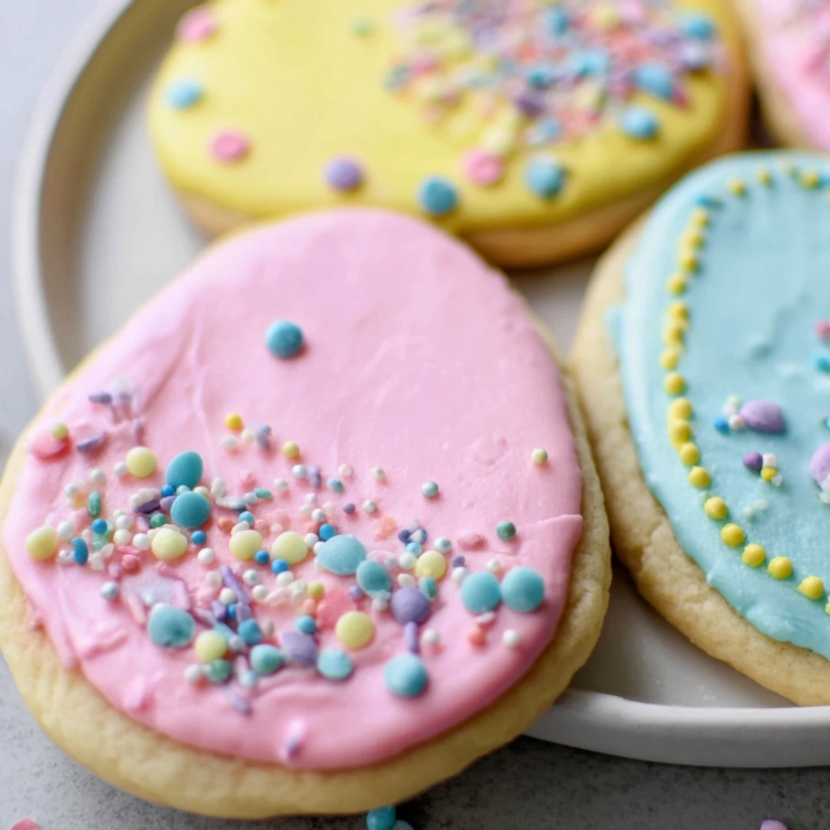 Soft Easter cookies with pastel royal icing and colorful sprinkles on a rustic serving board