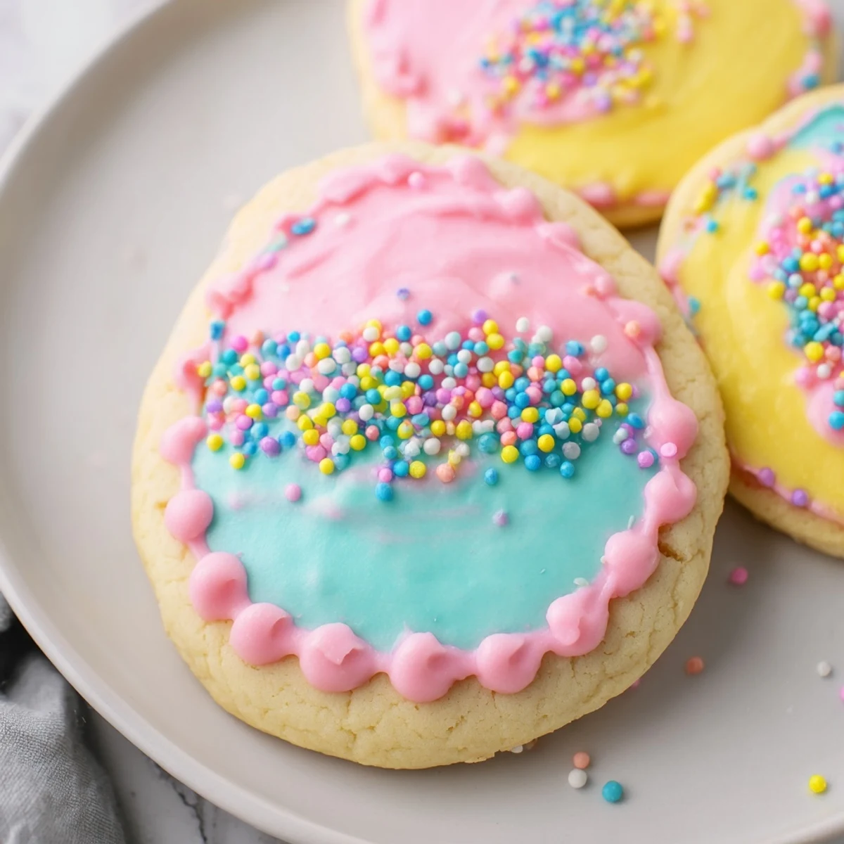 Buttery Easter cookies decorated with swirled pink frosting and rainbow sprinkles for spring