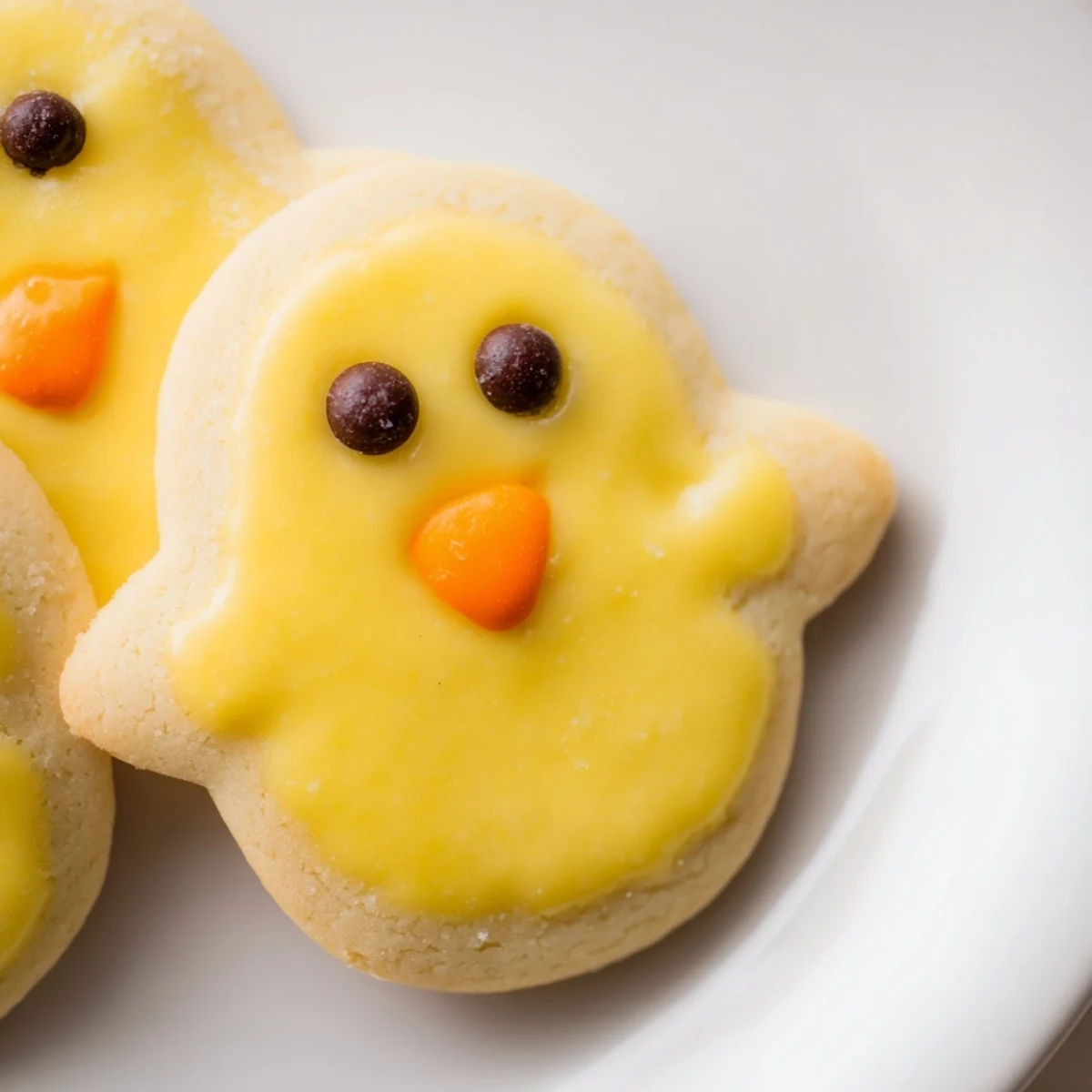 Adorable chick cookies with bright yellow frosting and cute candy faces on a rustic baking sheet