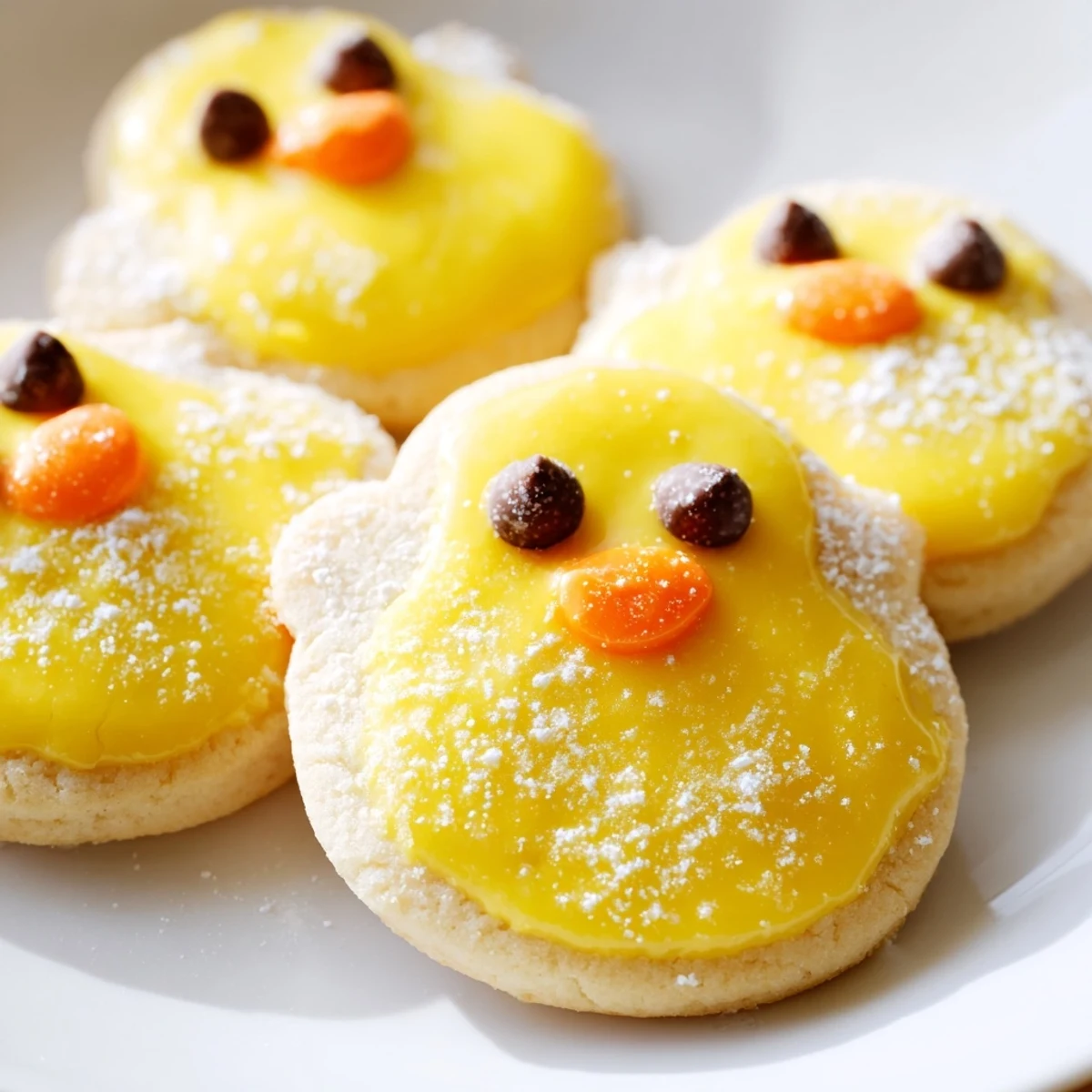 Golden chick cookies freshly baked with glossy glaze and playful chocolate chip eyes arranged together