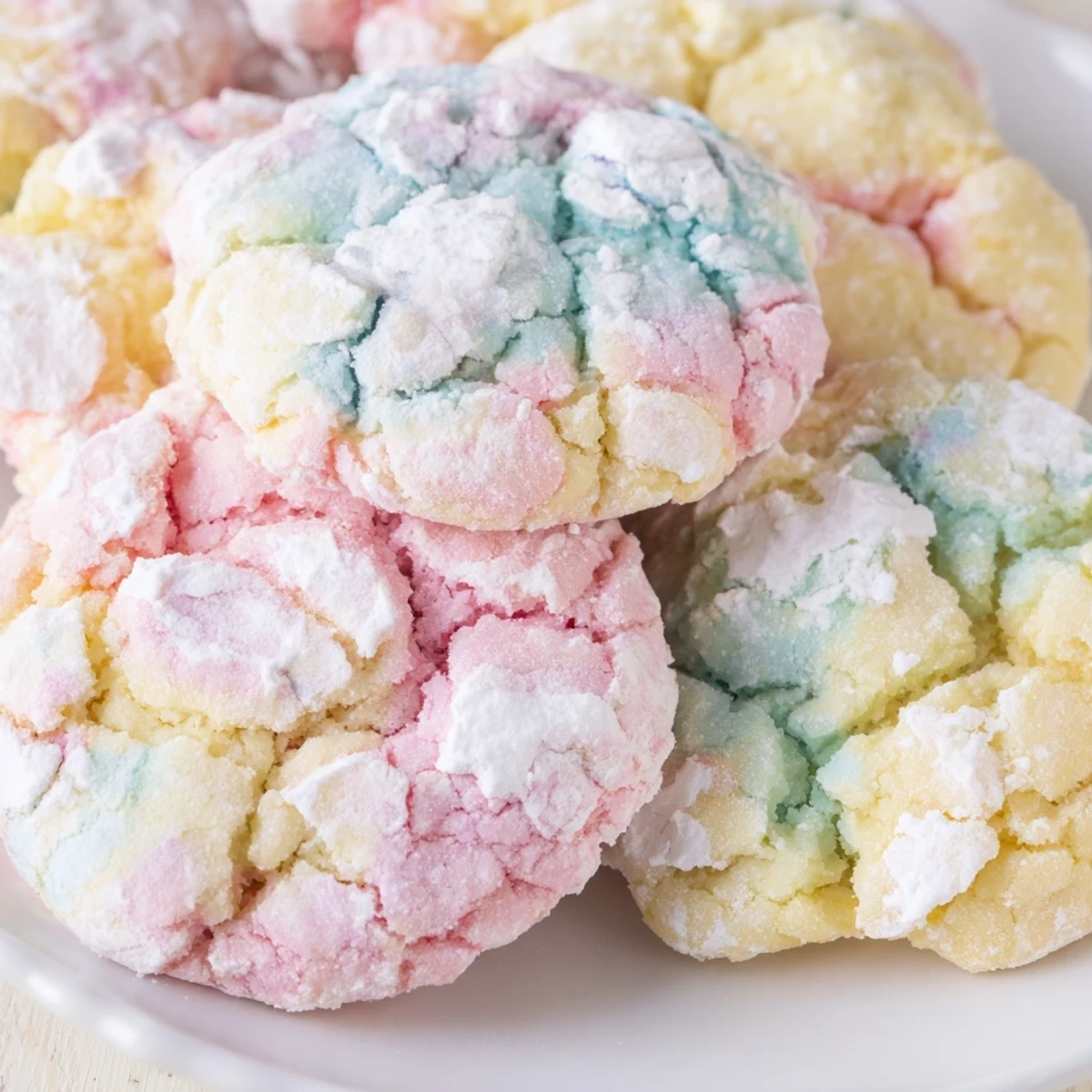Soft pastel crinkle cookies with powdered sugar cracks on a rustic baking sheet