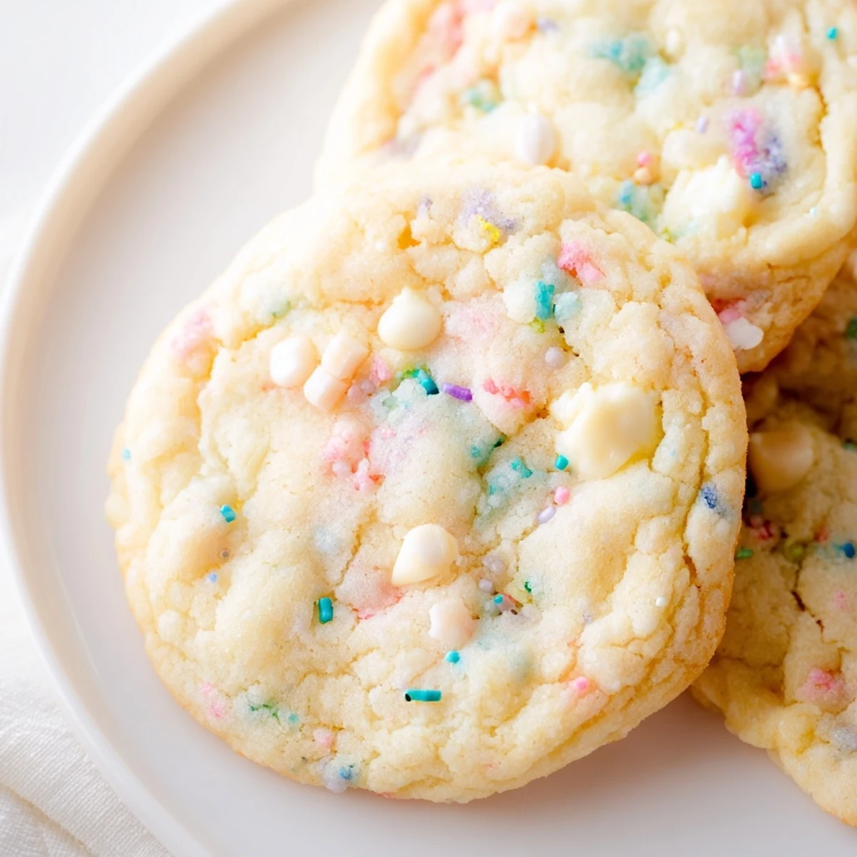 Soft pastel white chocolate cookies with creamy chips and colorful sprinkles on rustic baking sheet