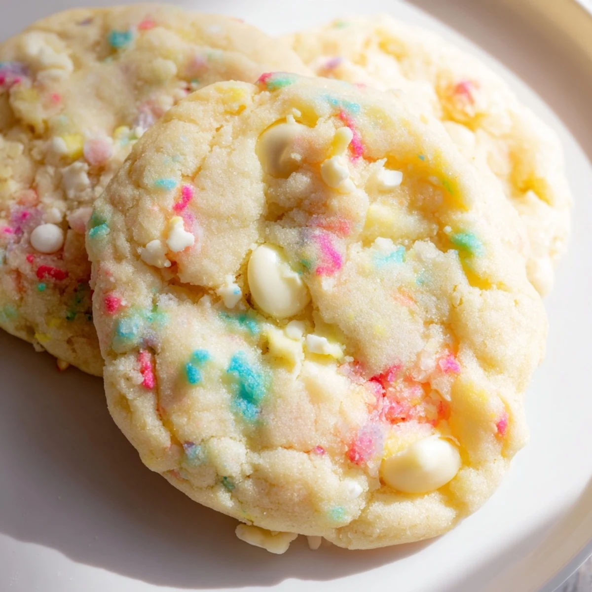 Chewy pastel white chocolate cookies studded with melting chips and festive pastel sprinkles