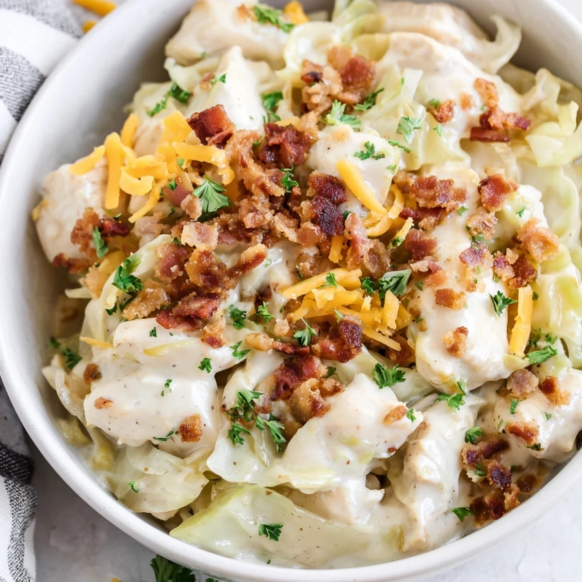 Creamy chicken bacon ranch cabbage bowls topped with melted cheddar and fresh green onions