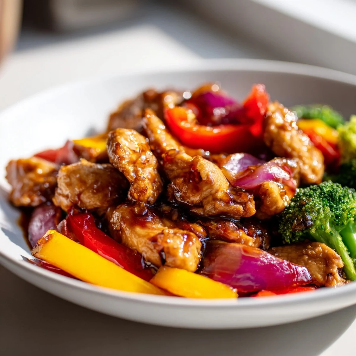 Colorful chicken vegetable stir fry sizzling in skillet with vibrant bell peppers and broccoli