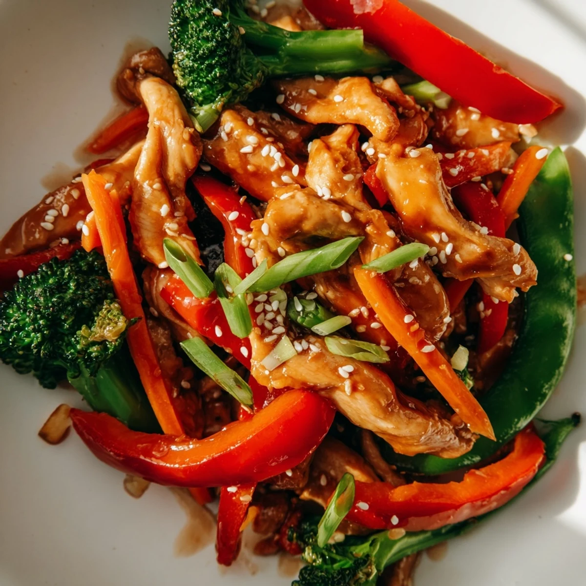 Sesame soy chicken stir fry in a wok with colorful crisp vegetables and glossy sauce