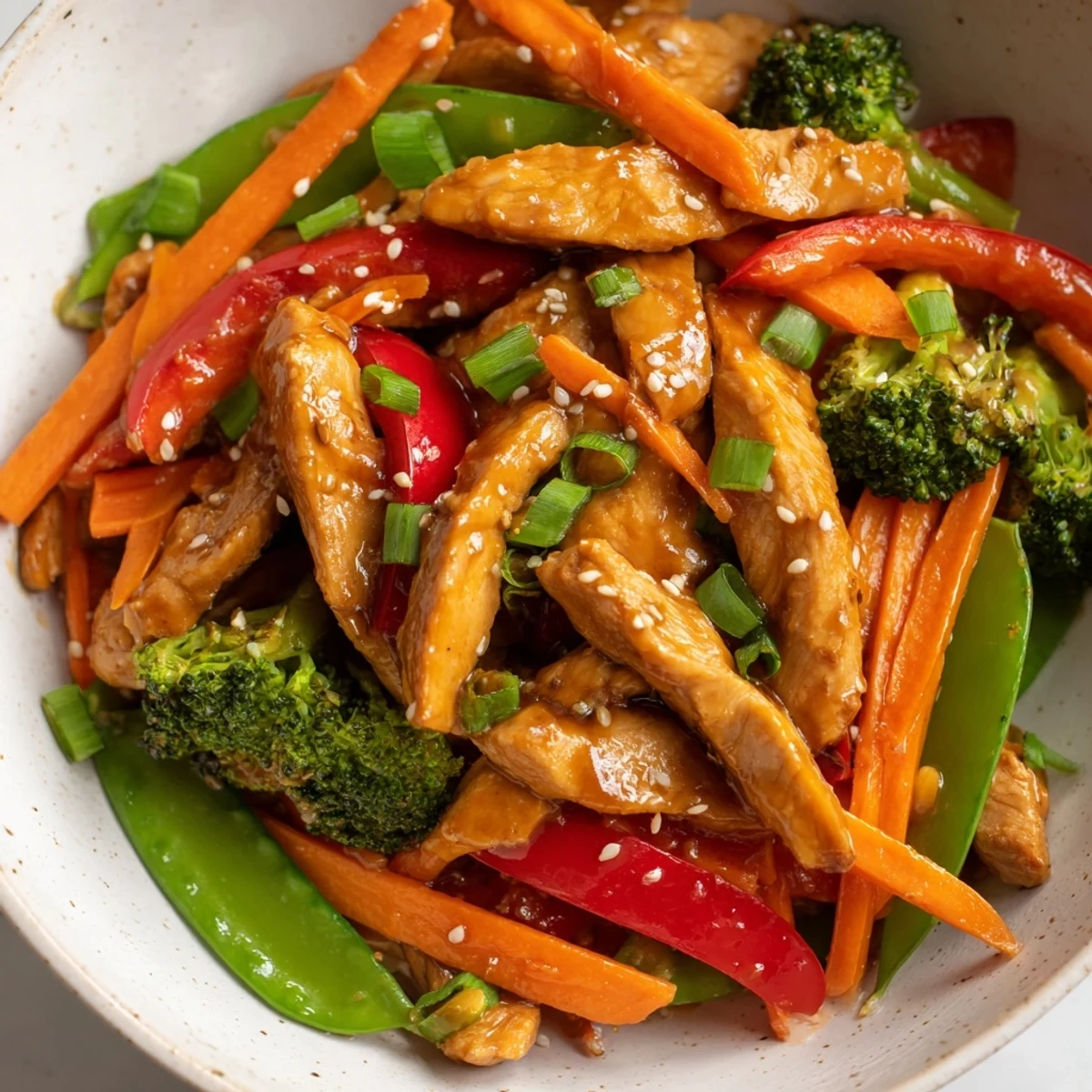 Tender sesame soy chicken stir fry topped with sesame seeds and fresh green onions