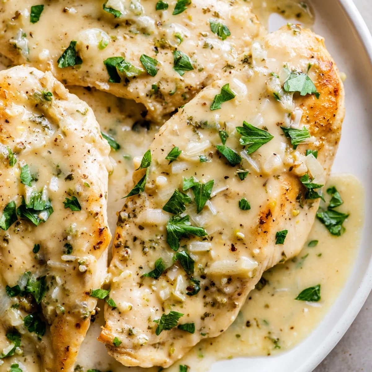 Golden seared creamy garlic chicken in a velvety white Parmesan sauce, garnished with fresh parsley.